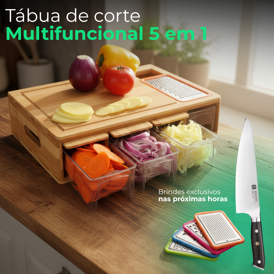 Tábua de Corte Multifuncional em Bambu 5 em 1 (5 BRINDES COMPRANDO HOJE!)